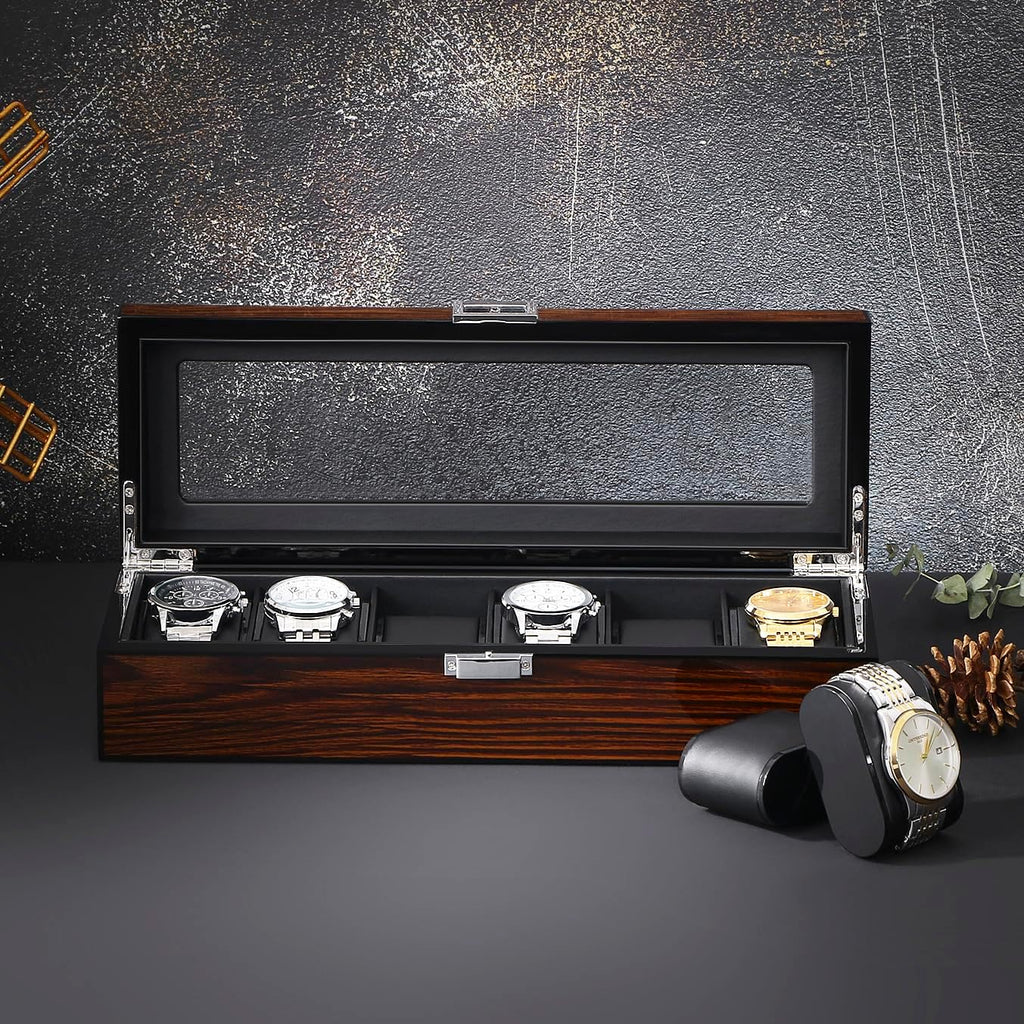 Watch Box, 6 Slot Wooden Watch Cases for Men with Large Glass Lid | Men'S Watch Box, Watch Storage Organizer, Watch Display Case, Watch Holder Removable Watch Pillows, Brown SSH06Y