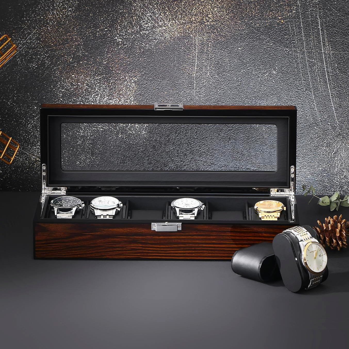 Watch Box, 6 Slot Wooden Watch Cases for Men with Large Glass Lid | Men'S Watch Box, Watch Storage Organizer, Watch Display Case, Watch Holder Removable Watch Pillows, Brown SSH06Y