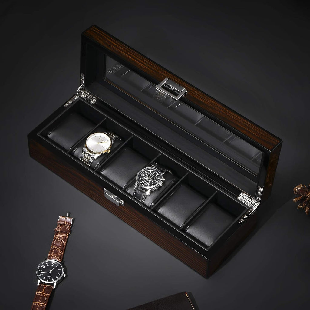 Watch Box, 6 Slot Wooden Watch Cases for Men with Large Glass Lid | Men'S Watch Box, Watch Storage Organizer, Watch Display Case, Watch Holder Removable Watch Pillows, Brown SSH06Y