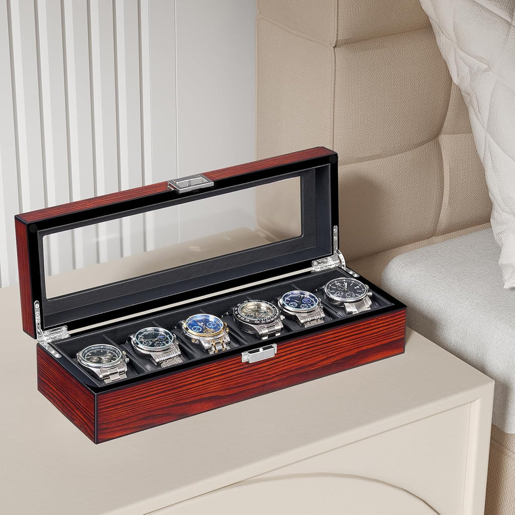 Watch Box, 6 Slot Wooden Watch Cases for Men with Large Glass Lid | Men'S Watch Box, Watch Storage Organizer, Watch Display Case, Watch Holder Removable Watch Pillows, Brown SSH06Y