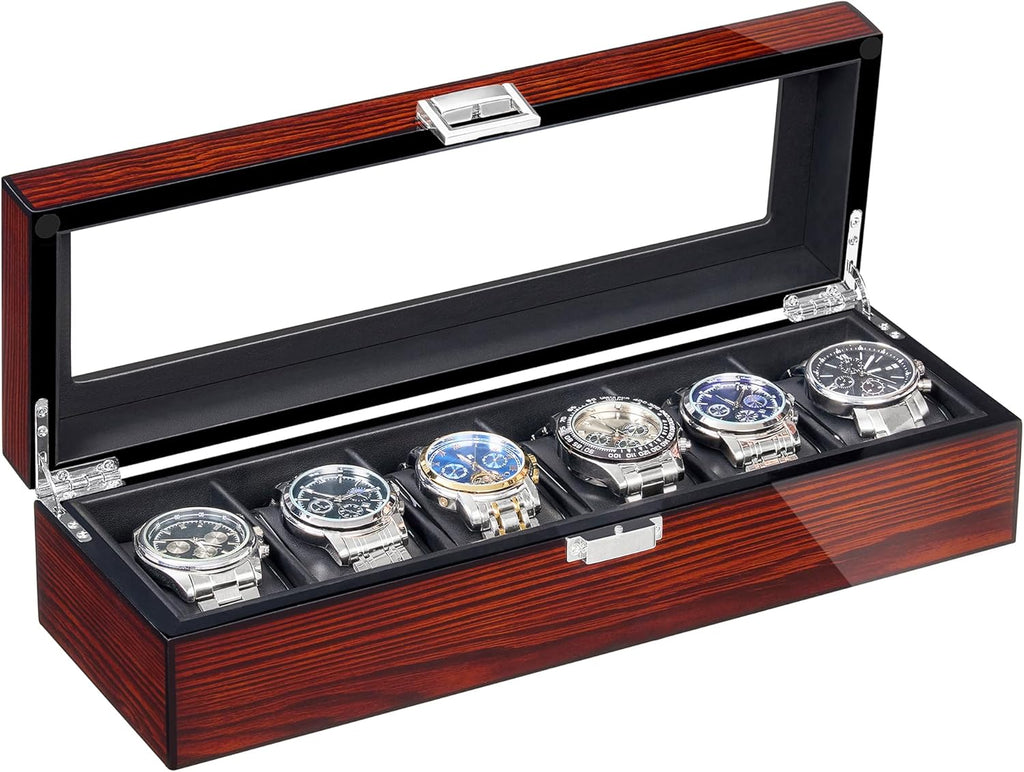 Watch Box, 6 Slot Wooden Watch Cases for Men with Large Glass Lid | Men'S Watch Box, Watch Storage Organizer, Watch Display Case, Watch Holder Removable Watch Pillows, Brown SSH06Y