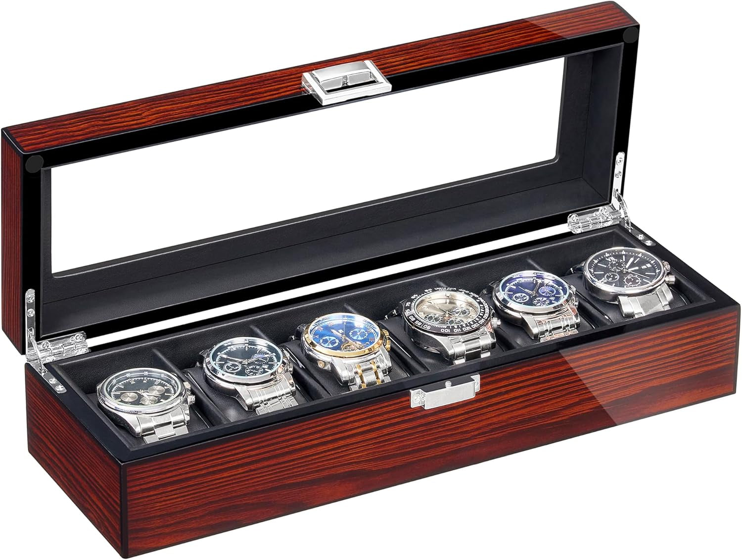 Watch Box, 6 Slot Wooden Watch Cases for Men with Large Glass Lid | Men'S Watch Box, Watch Storage Organizer, Watch Display Case, Watch Holder Removable Watch Pillows, Brown SSH06Y