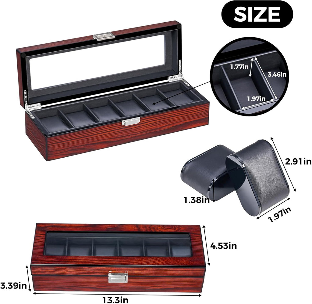 Watch Box, 6 Slot Wooden Watch Cases for Men with Large Glass Lid | Men'S Watch Box, Watch Storage Organizer, Watch Display Case, Watch Holder Removable Watch Pillows, Brown SSH06Y
