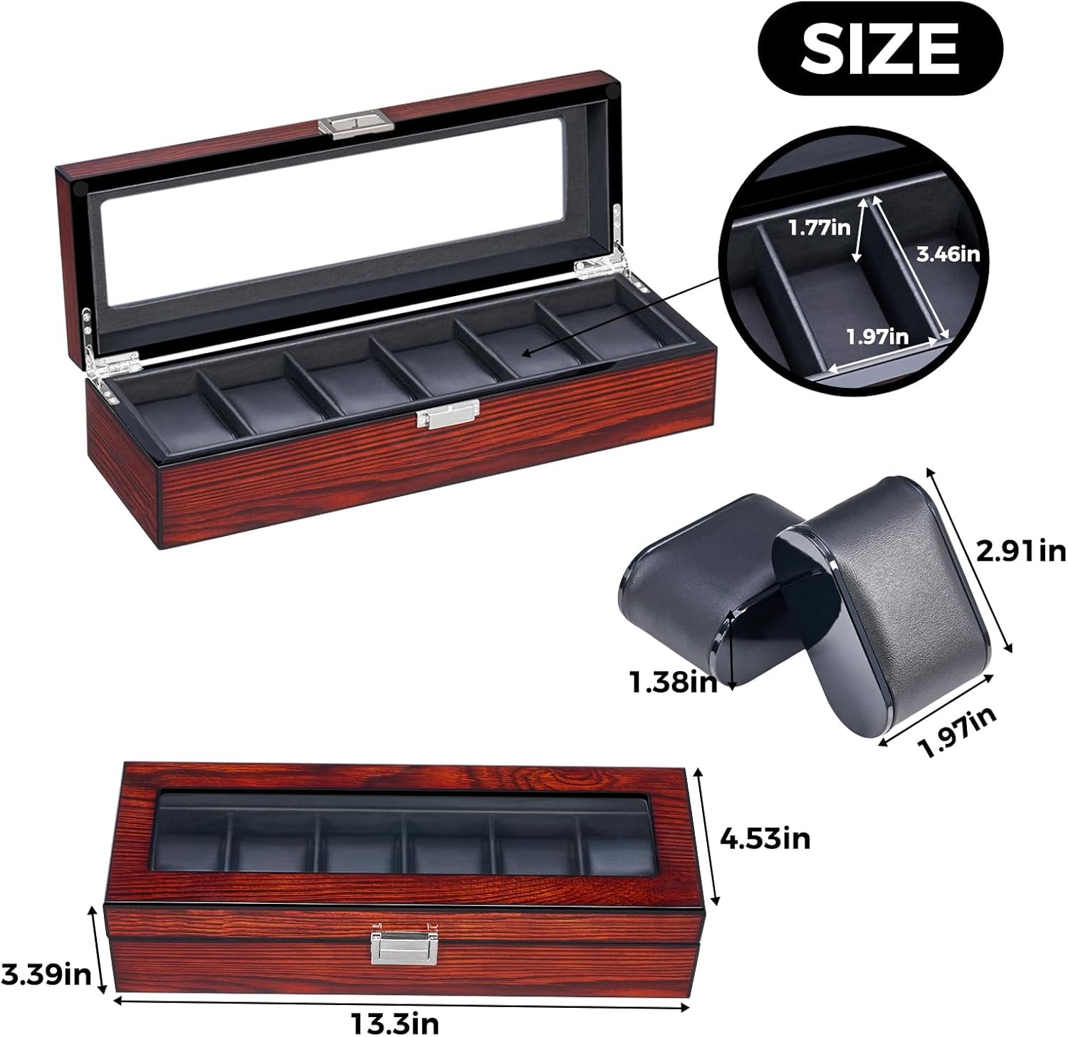 Watch Box, 6 Slot Wooden Watch Cases for Men with Large Glass Lid | Men'S Watch Box, Watch Storage Organizer, Watch Display Case, Watch Holder Removable Watch Pillows, Brown SSH06Y
