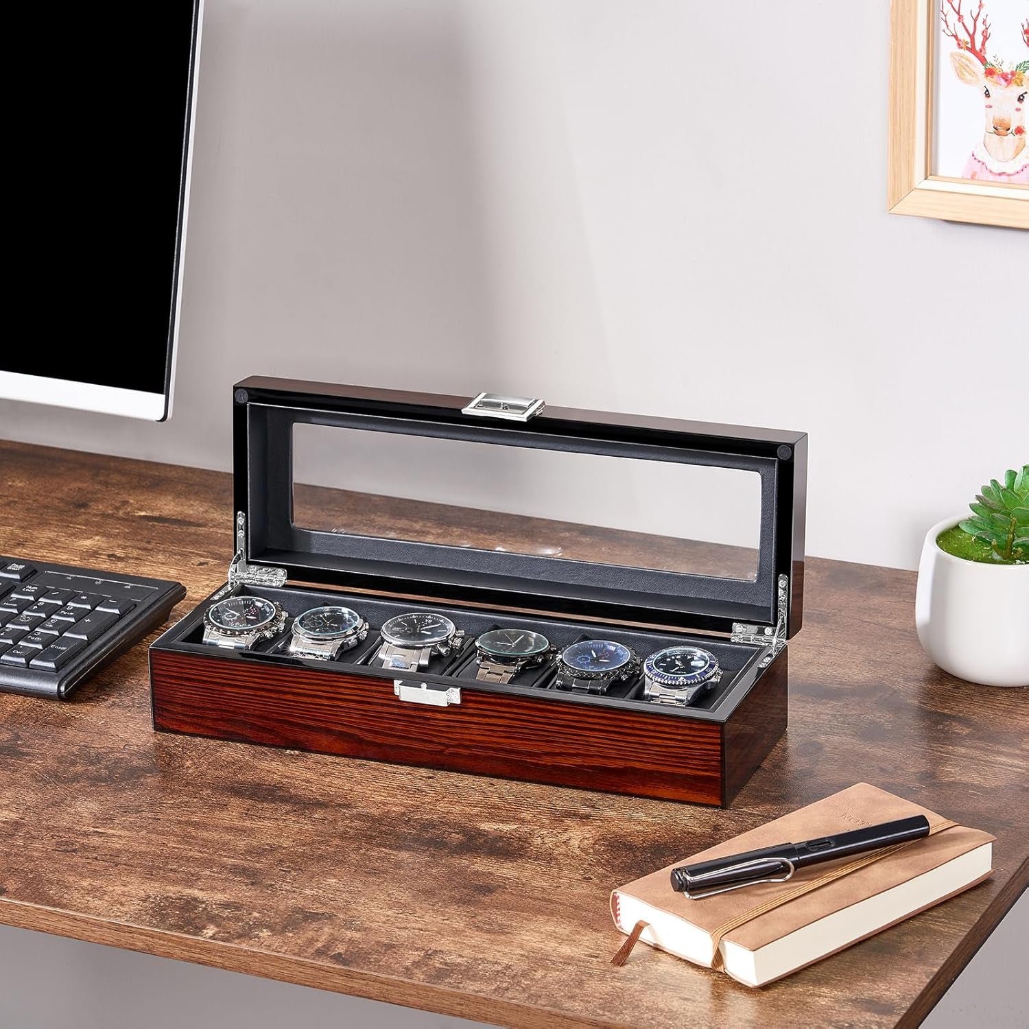 Watch Box, 6 Slot Wooden Watch Cases for Men with Large Glass Lid | Men'S Watch Box, Watch Storage Organizer, Watch Display Case, Watch Holder Removable Watch Pillows, Brown SSH06Y