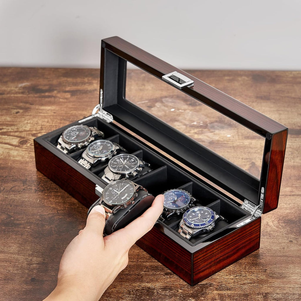 Watch Box, 6 Slot Wooden Watch Cases for Men with Large Glass Lid | Men'S Watch Box, Watch Storage Organizer, Watch Display Case, Watch Holder Removable Watch Pillows, Brown SSH06Y